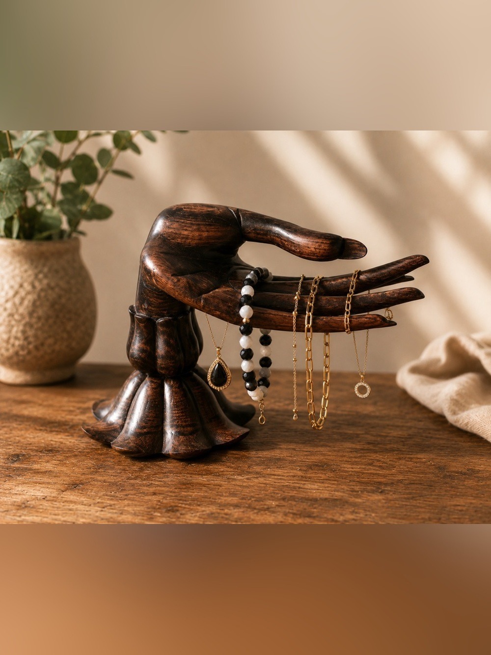 Rare Balinese Hand-Carved Wooden Jewelry Holder Hand 🪷 Lotus Base Artisan Decor